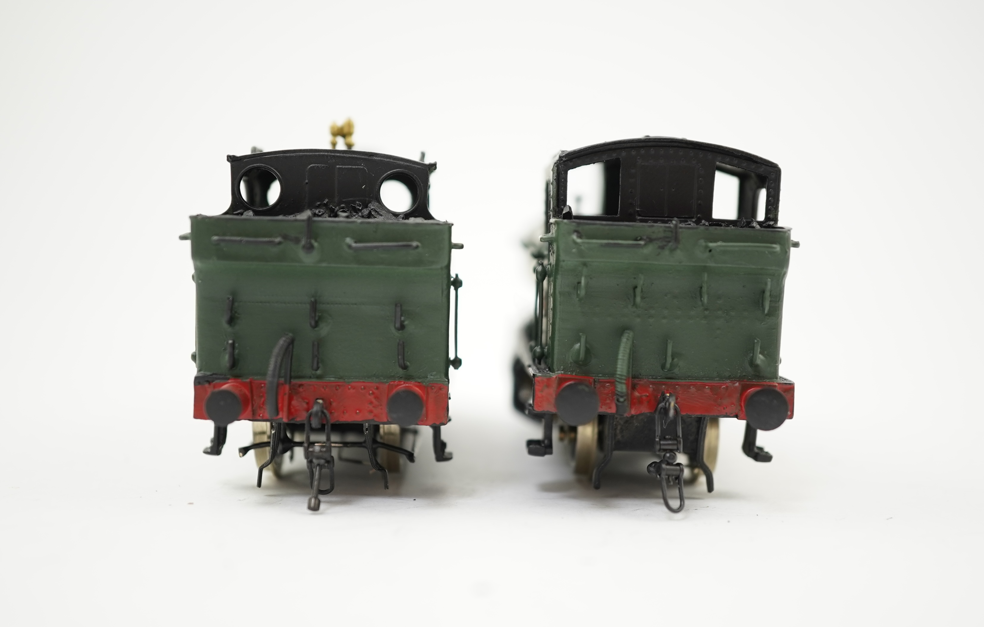 Two 00 gauge brass and white metal kit built GWR tank locomotives; a 1400 class 2-4-0T, 1458, together with an 1366 class 0-6-0PT, 1366, constructed, painted and lined to a high standard, both motored for two rail operat